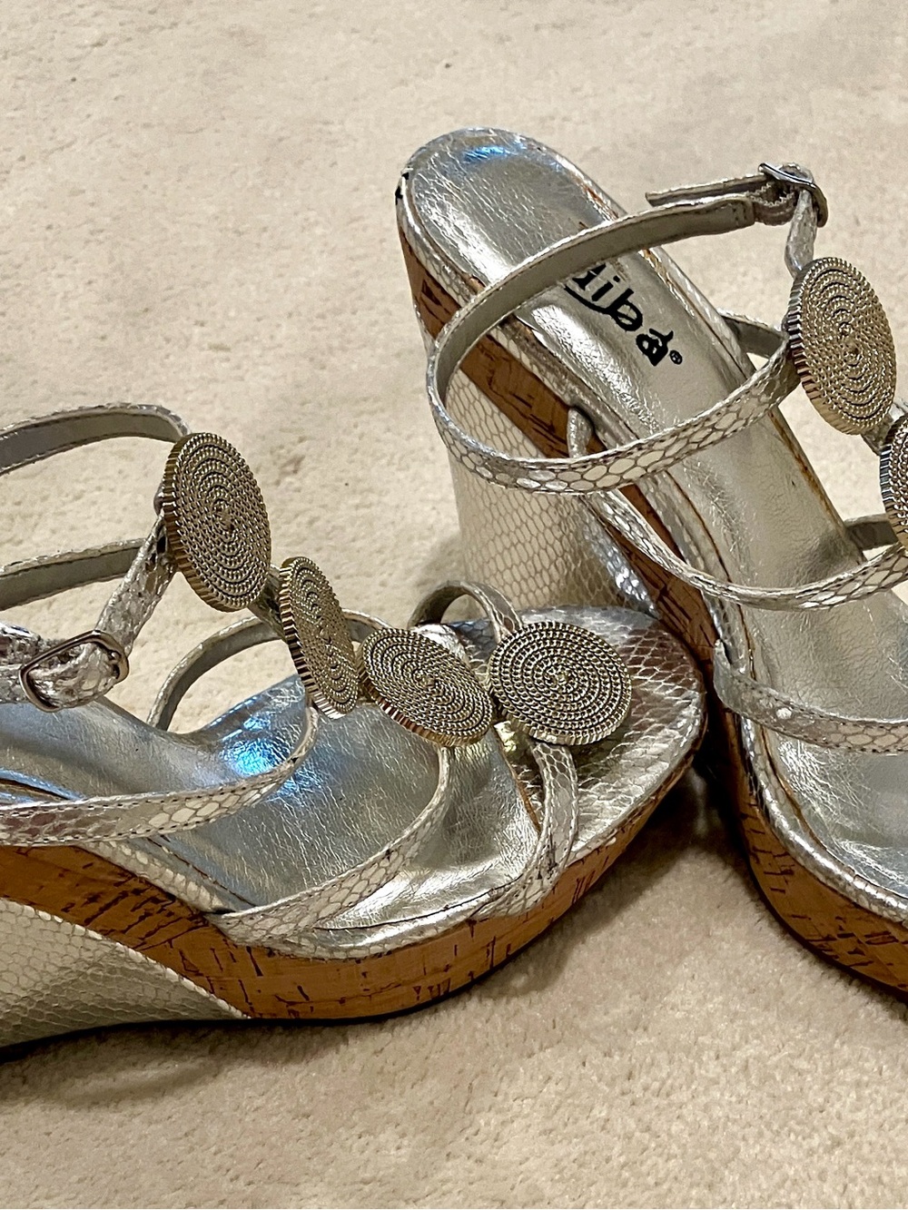 Diba Metallic Silver Cork Wedge Sandals with Circular Accents